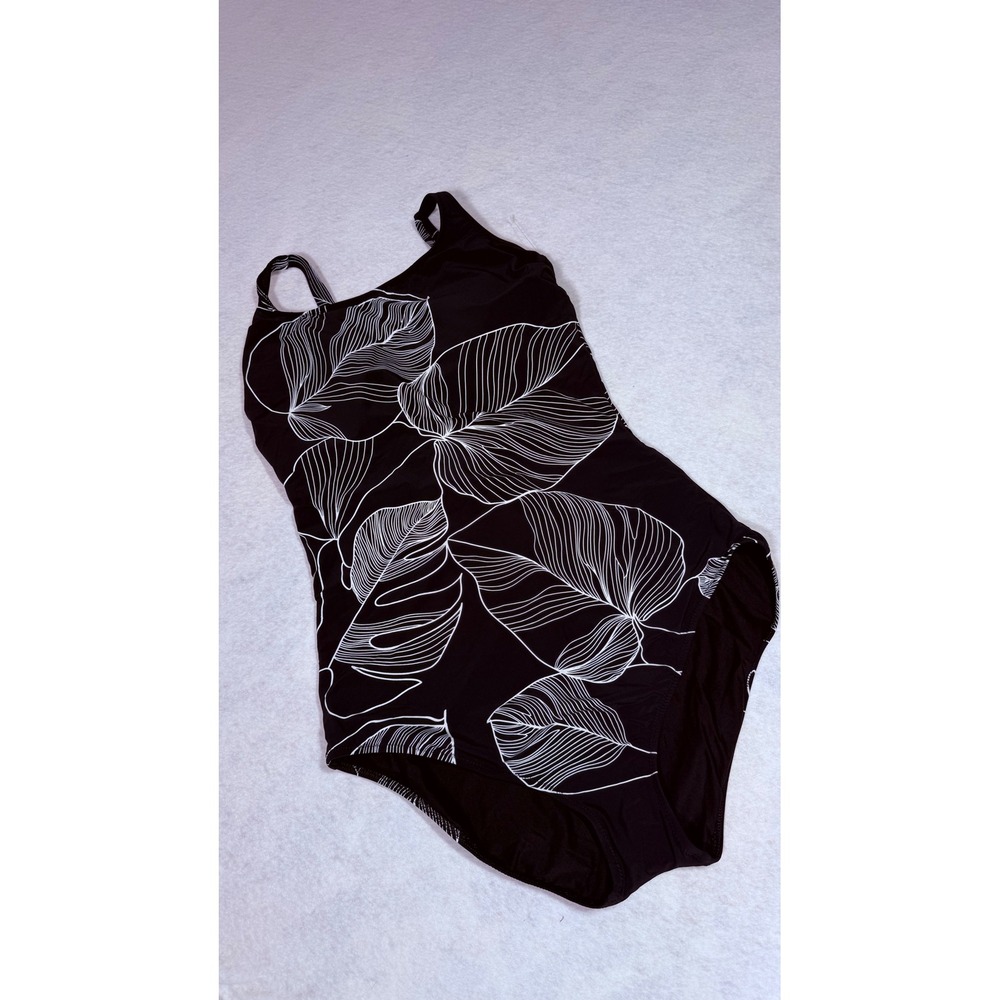 Gottex Essentials Black White Tropical Leaf One Piece Swimsuit 24NE180LC Size 16